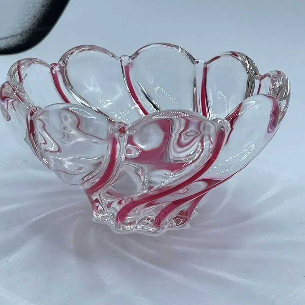 VTG Mikasa “ Peppermint Red”Swirl crystal candy dish scalloped edges.
